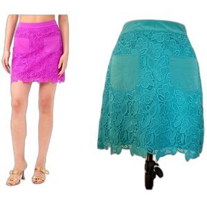 NWT TRINA TURK Flores Rare Turquoise Oceano Color Jaipur Lace Silk Miniskirt Sz2